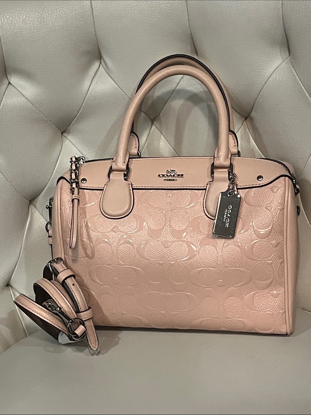 Coach Embossed Pebbled Patent Satchel Crossbody Light Blush Pink Beautiful Lux - Picture 2 of 11